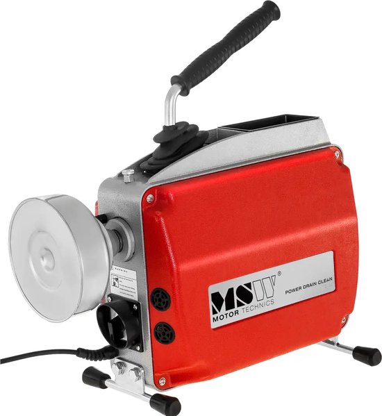 Rode pijpenreinigingsmachine met zilverkleurige machine-elementen, een haspel en een handvat.