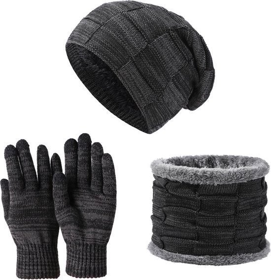 Chapeau bonnet de Luxe avec cache-cou et Gants - Pour hommes et femmes - Chauffe-cou en polaire - Écharpe à col bénitier - Chapeau d’hiver doublé de laine - Zwart