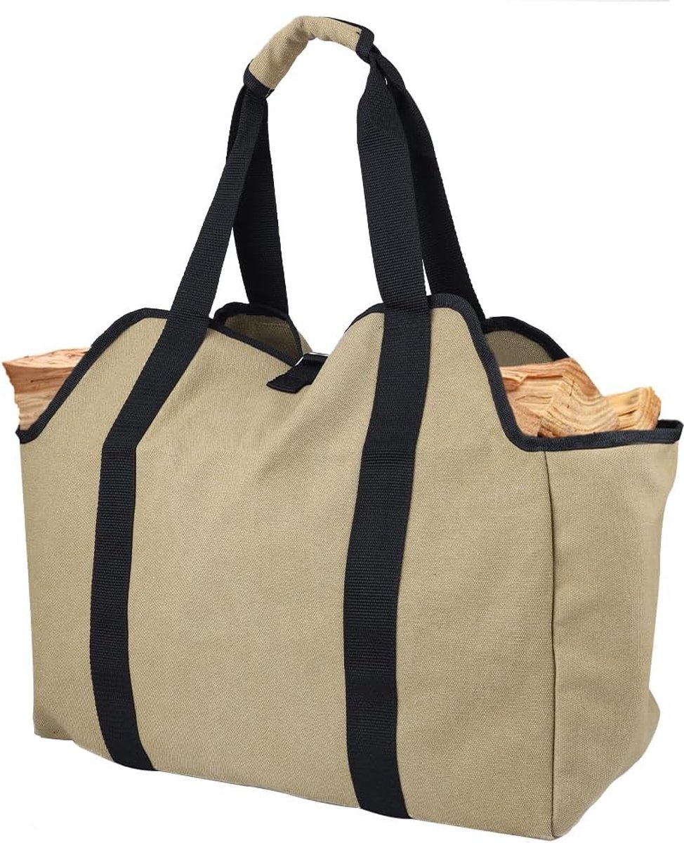 Canvas brandhouttas met handvatten, 47 x 24 x 39 cm, brandhoutopbergtas, draagtas voor brandhout, ideaal voor gebruik binnen en buiten, kamperen en reizen - bruin