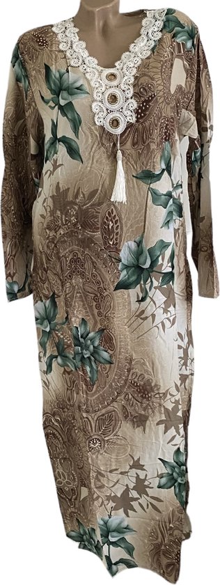 Kaftan/jurk lang gebloemd met borduursel XL groen/taupe