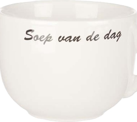 Witte soepkom met tekst "Soep van de dag" in scriptletters.