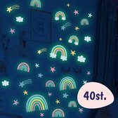Muurstickers Kinderkamer - 40 Stuks - Glow In The Dark Sterren & Regenboog - Stickers - Slaapkamer - Babykamer - Meisje en Jongen - Lichtgevende Sterren