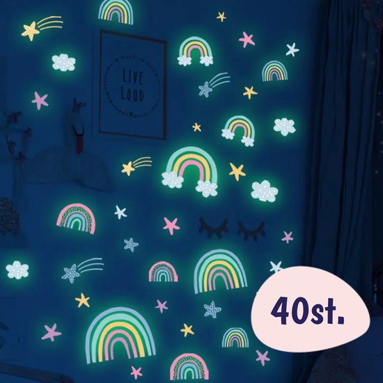 Stickers muraux Chambre d'Enfant - 40 Pièces - Étoiles & Arc-en-Ciel Glow In The Dark - Autocollants - Chambre - Chambre de bébé - Fille et Garçon - Étoiles Lumineuses