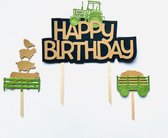 Boerderij dieren en tractor happy birthday taart vlag - taart topper - taart decoratie - verjaardag versiering - prikkers met versiering - taartversiering