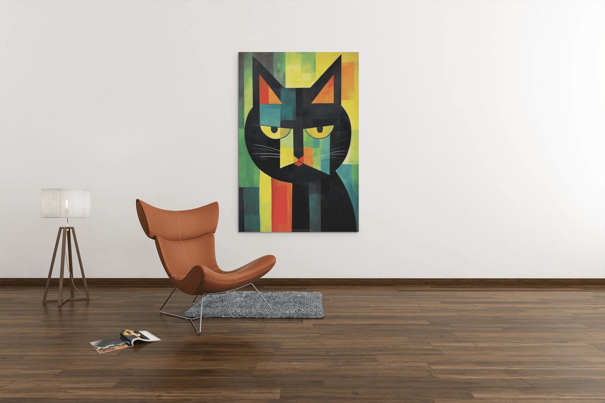 Trendex Global Canvas Schilderij Dieren - Abstract - Kat - Portret - 90x60x2 cm Kleurrijk
