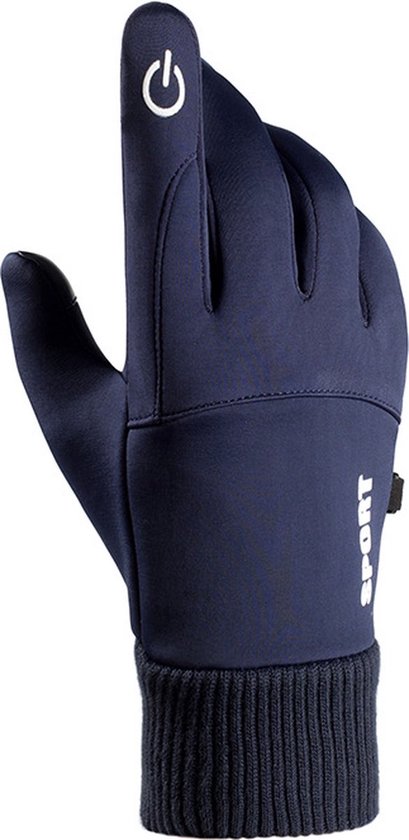 Donkerblauwe sport handschoen met 'SPORT' opdruk en een touch screen symbool op de wijsvinger. Ribgebreide manchet.