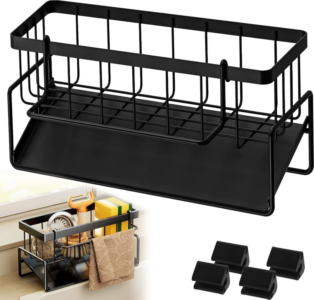 Spoelbakorganizer met afdruipbak, organizer, smal, keukenorganizer, roestvrij staal, met antislip clips voor badkamer, keuken, gootsteen, voor doek, borstels, spons en zeep