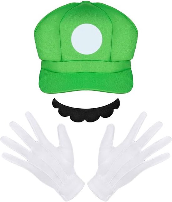 Kostuum set accessoires groen Luigi - 1x groen hoed/pet 63cm hoofdomtrek 1x plakbaard 1x paar witte nylon handschoenen 23cm voor carnaval, verkleed partijtjes
