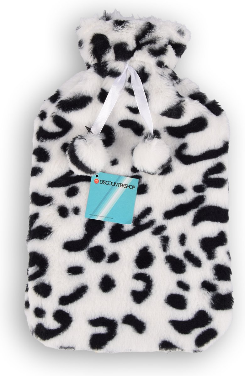 Goedkoopste Discountershop Warmwaterkruik met Zachte Hoes voor Kinderen - Wit & Zwart - Cheetah Print - 1.75L - 33x20x1.5 cm - Max. 40 Graden
