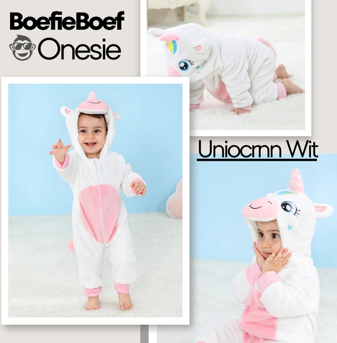 BoefieBoef Dieren Onesie Pyjama Kinderen 6m-2jr – Eenhoorn wit – Verkleedkleding met Luierrits – Carnaval Dierenpak - Kerst en Kraamcadeau Tip – Zacht Flanel - Romper - Boxpak - Jongens - Meisjes — afbeelding 6