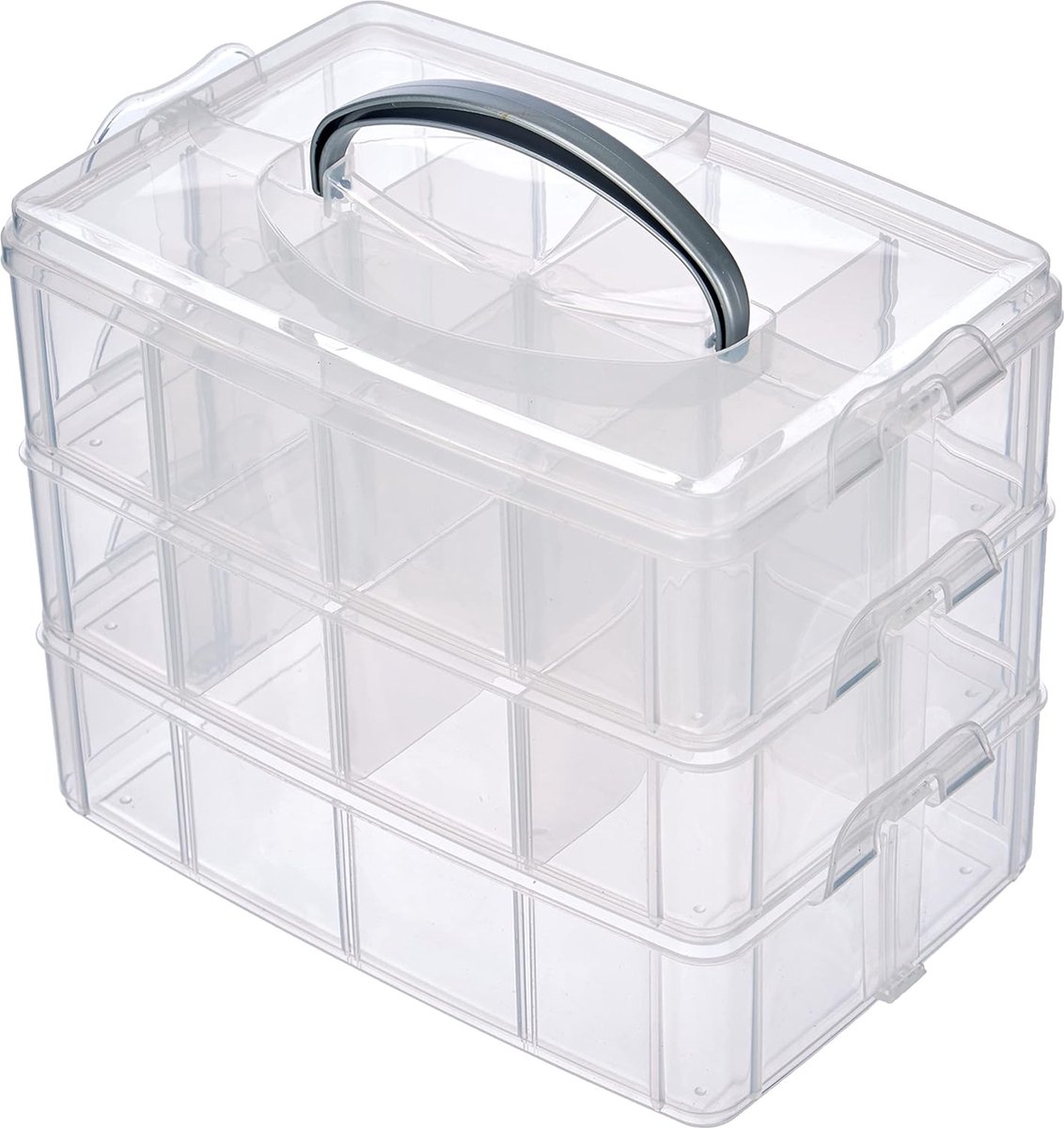 Single Sorteerdoos - met Draaggreep, 3 Etages met 17 Vakken - 23.1x15.6x18.5 cm - Transparant