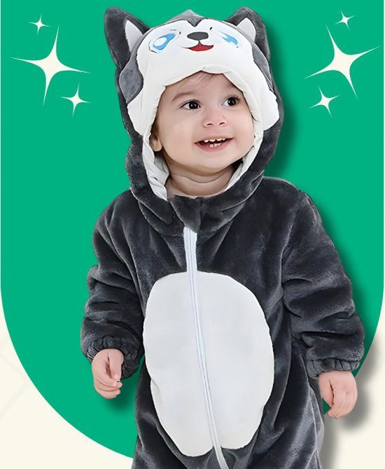 BoefieBoef Wolf Dieren Onesie & Pyjama voor Baby en Dreumes en Peuter tm 18 maanden - Kinder Verkleedkleding - Dieren Kostuum Pak - Grijs