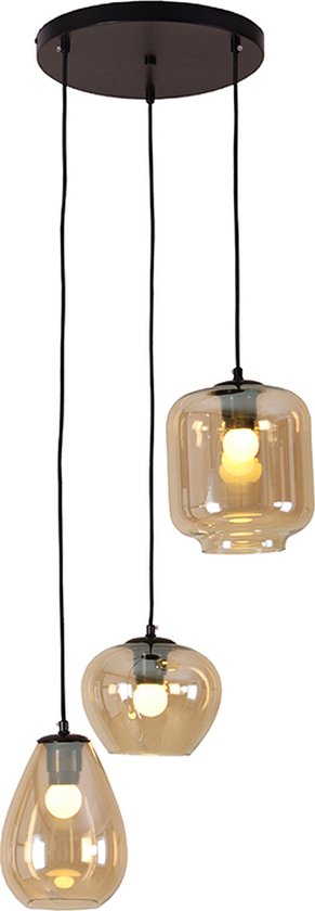 Olucia Caia - Moderne Hanglamp - 3L - Glas/Metaal - Amber;Zwart - Rond - 43 cm
