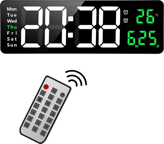 Digitale radiografisch bestuurbare wandklok groot display, elektronische LED wandklok woonkamer thermometer LED groot scherm klok met datum en temperatuur