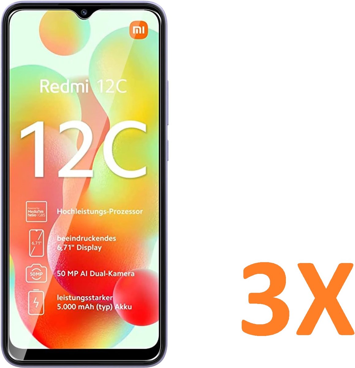 Screenprotector Glas - Tempered Glass Screen Protector Geschikt voor: Xiaomi Redmi 12C - 3x
