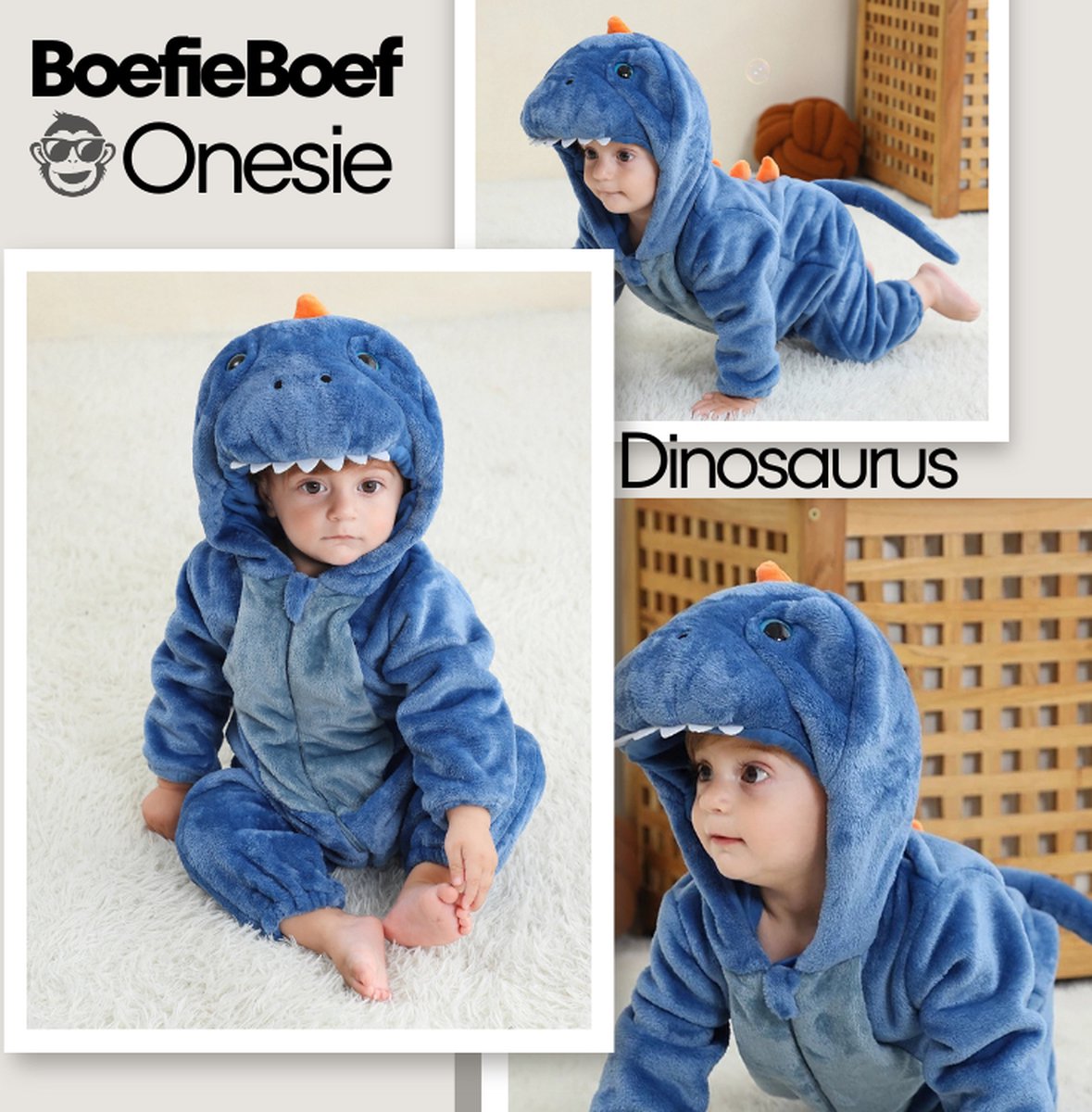 BoefieBoef Dieren Baby Onesie Peuter Pyjama Kinderen 6 maanden tot 2 jaar – Dinosaurus – Verkleedkleding met Luierrits – Carnaval Dierenpak - Halloween en Kraamcadeau - Zacht Flanel - Romper - Boxpak - Jongens - Meisjes - Kruippak - blauw — afbeelding 7