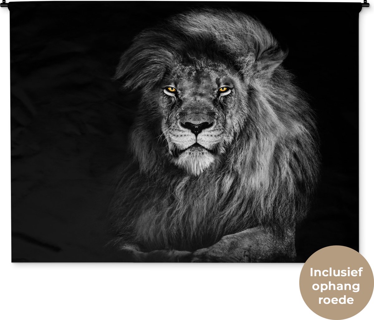 Wandkleed - Wanddoek - Leeuw - Ogen - Oranje - Zwart wit - Dieren - Portret - 180x135 cm - Wandtapijt