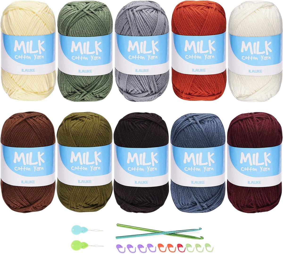 50 g x 10 kleuren wol om te haken 500g dik haakgaren veelkleurig acryl wol set met 2 haaknaalden 4mm & 5mm en draadinrijgers gebreide steekmarkeringen voor kleding hoed schoenen okken sjaal