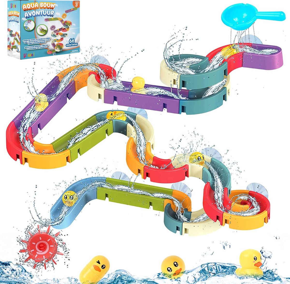Kiddel XL Waterbaan & Glijbaan Badset – 66-delige DIY Waterbaan met Eendjes – Knikkerbaan Montessori Badspeelgoed voor Kinderen vanaf 3 Jaar — afbeelding 2