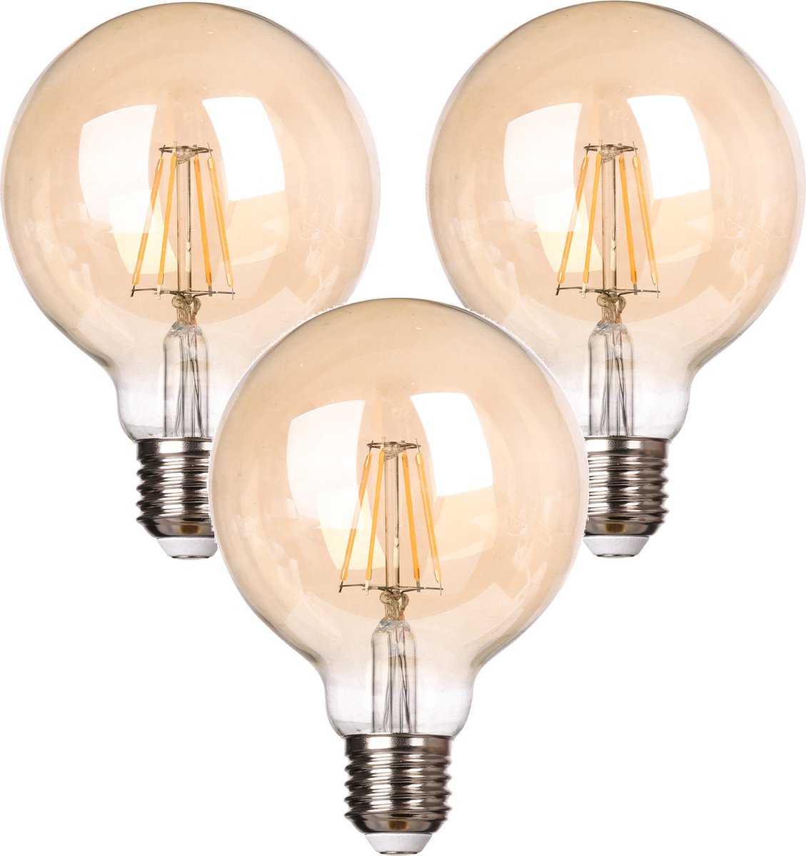 Trango Set van 3 LED E27 2500 Kelvin warm wit goudkleurig E27003*3 - 4 Watt - 400 lumen, filament lamp, amber vintage gloeilamp, LED Globe voor retro verlichting, LED lamp, Edison lamp G95, Ø 9,5cm