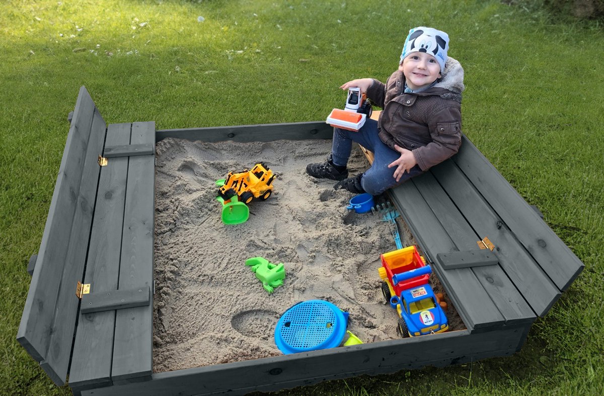 Afsluitbare Zandbak met Banken 120x120 cm – Gecertificeerd & Geïmpregneerd in Grijs | Incl. AFDEKZEIL & GRONDDOEK | Voor 1-2 Kinderen — afbeelding 17