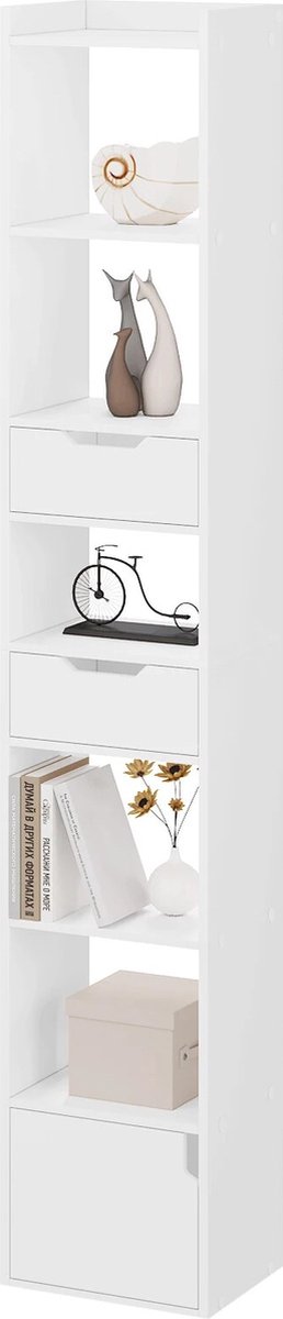 BukkitBow - Staande Boekenkast - Eiken Hout met Melamine Fineer - Ruime Opslag met Deur en Laden - Wit