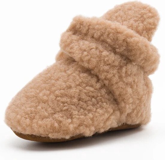 Baby slof - Sloffen - Slofjes - 0-6 maanden - Zachte zool - Teddy stof - Baby schoentjes - Khaki