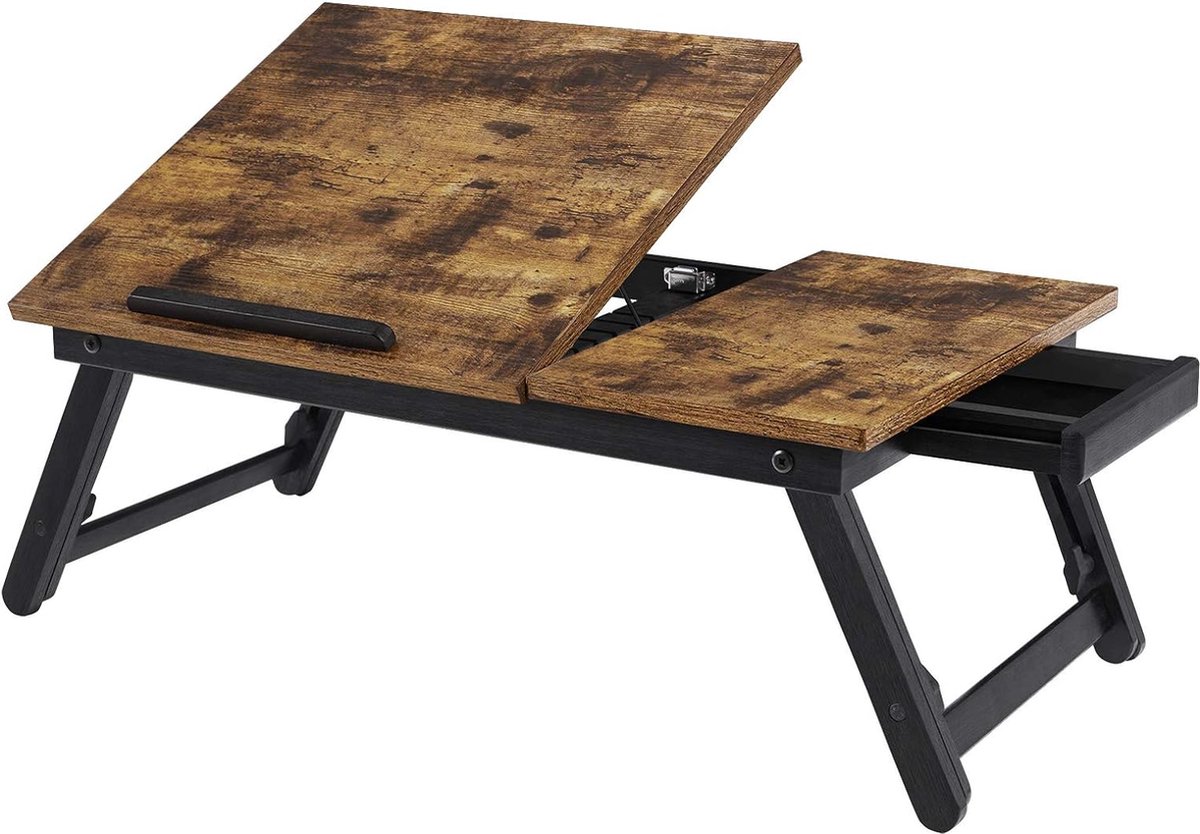 Laptopstand voor bed en bank, ontbijttafel, verstelbare kantelhoek, in hoogte verstelbare, opvouwbare poten, voor laptops tot 15,6 inch, vintage bruin