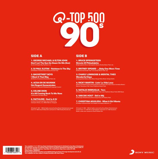 Dos de la pochette du LP Q-Top 500 90s avec les titres des chansons.