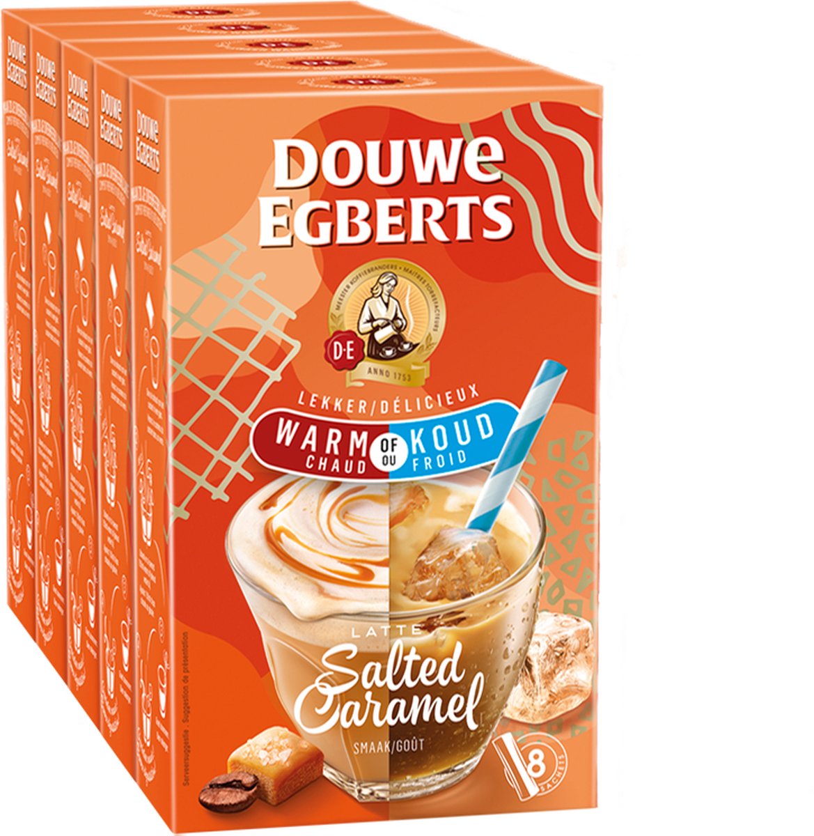 Goedkoopste Douwe Egberts Oploskoffie Salted Caramel - warm/koud - 5 x 8 zakjes