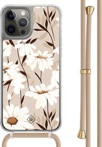 Casimoda® hoesje met beige koord - Geschikt voor iPhone 12 Pro - In Bloom - Afneembaar koord - TPU/polycarbonaat - Bruin/beige