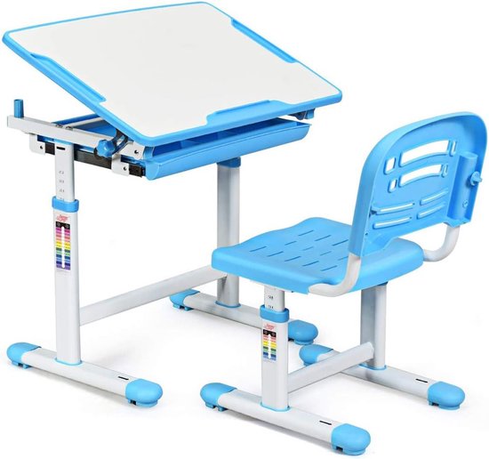 Kinderbureau met Bureaustoel - Kindertafel voor Jongen en Meisje - Tekentafel met Stoeltjes - Verstelbaar - Licht Blauw met Wit