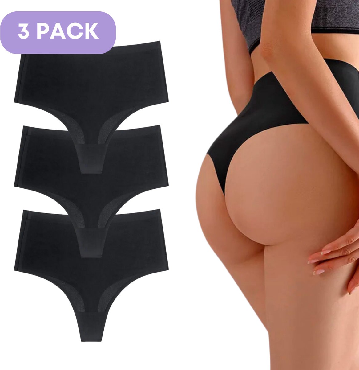 Naadloze High waist string voor Dames - Licht corrigerende string - Zwart - Maat XL - Set van 3 - Ultrazacht - Naadloos ondergoed dames - Seamless ondergoed dames - Invisible string