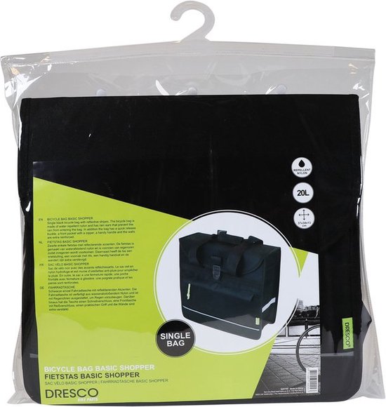 Dresco Enkele Fietstas Basic Shopper – Inhoud 20 Liter - Waterafstotend polyester – Twee bevestigingshaken & klittenbandsluiting - Handig voorvak – Reflectie aan de voor- en achterzijde - Afmeting 37x34x13cm