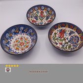 Handgemaakte Anatolische keramische kommen 3x16 cm set, voeg kunst en kleur toe aan uw tafel met levendige blauwe en gemengde kleuren - ideaal voor snacks, koekjes, soepen en salades
