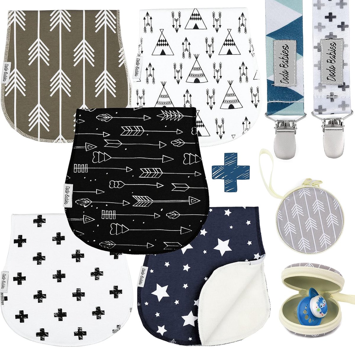 Goedkoopste Set van 5 spuugdoeken voor baby's - zachte, absorberende katoenen spuugdoeken - inclusief fopspeenkoffer en 2 fopspeenclips - kleuren blauw, grijs en zwart