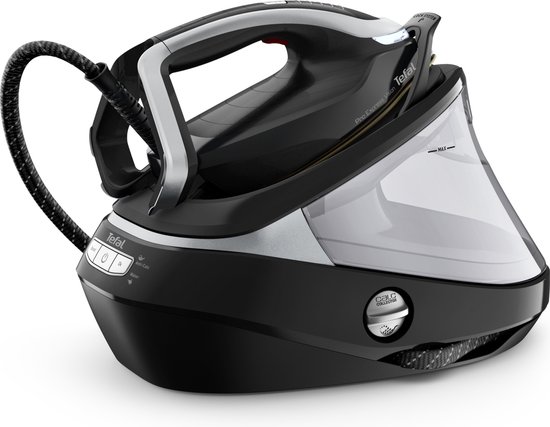 Zwart en zilverkleurige Tefal Pro Express Vision stoomgenerator met strijkijzer.