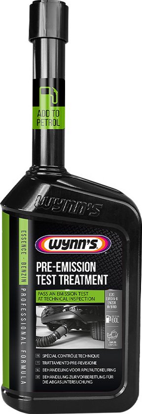Wynn's Pre-Emission Test Treatment voor benzine, fles met groene en zilveren labels.