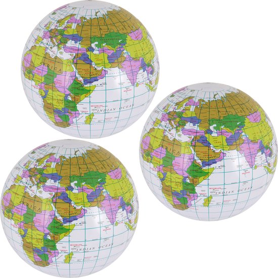Opblaasbare strandbal van een wereldbol - 3x - de aarde - globe - Dia 40 cm - kunststof