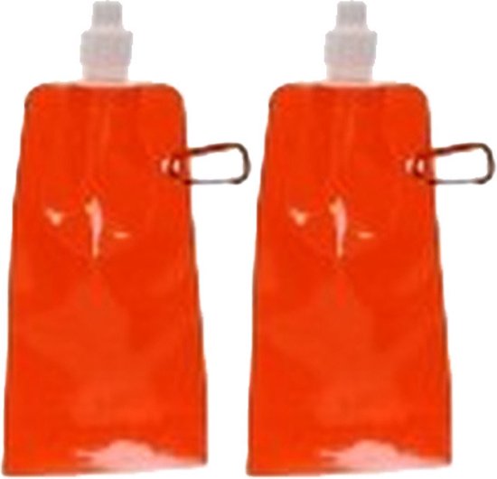 Drinkfles/bidon - 2x - oranje - navulbaar - opvouwbaar met haak - 400 ml - festival/outdoor