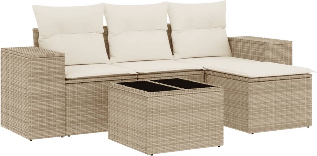 vidaXL 5-delige - Loungeset - met - kussens - poly - rattan - beige