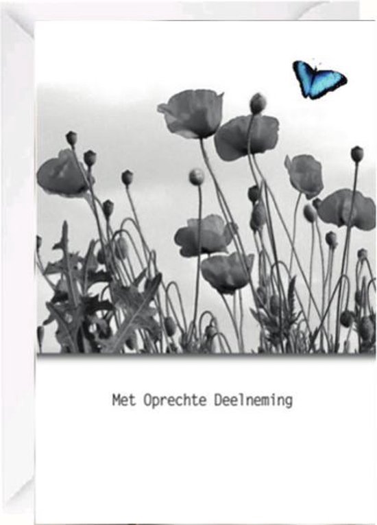 Met Oprechte Deelneming, met donkerblauwe klaprozen en een blauwe vlinder.