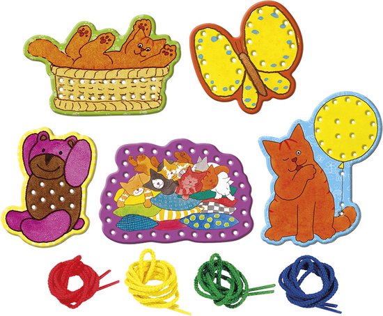 Zeven Dikkie Dik rijgkaarten: katten, teddybeer, vlinder en wol