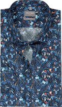 OLYMP comfort fit overhemd - korte mouw - popeline - donkerblauw bloemen dessin - Strijkvrij - Boordmaat: 41