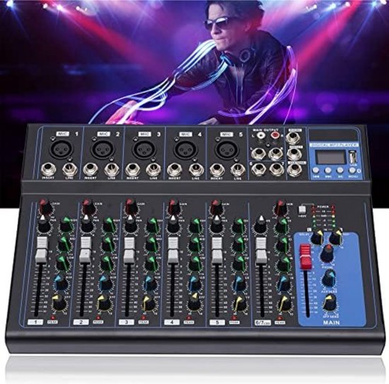 DJ digitale mengpaneel audio mixer voor PC muziekopname met 7 kanalen en Bluetooth-verbinding, ideaal voor muzikanten en podcaster