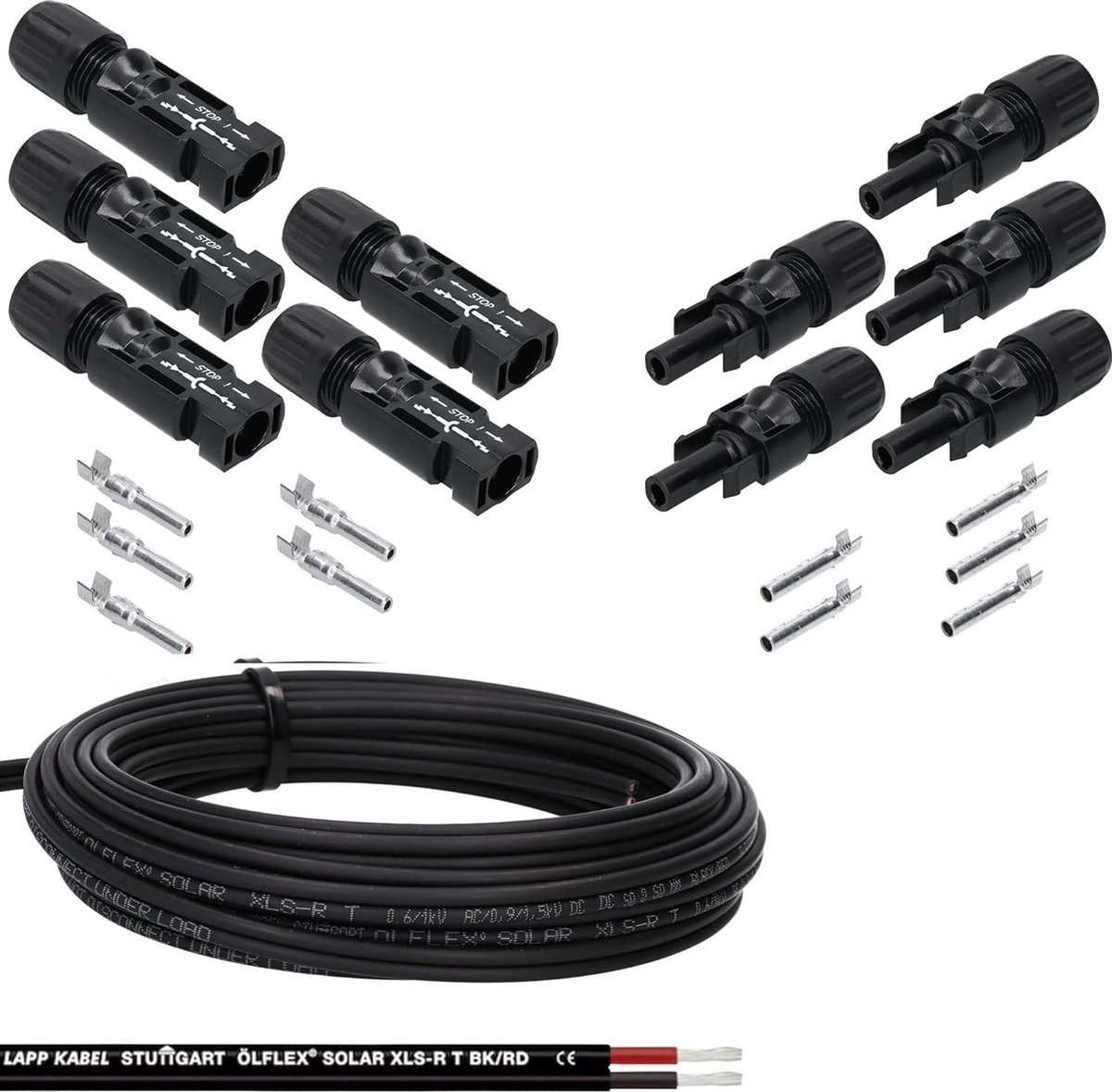 Kalitec solarkabelset I 5x solar connectoren met 10m solarkabel I Mc4 connector 4mm2 I Lapp solarkabel 2x4 mm2 I zwart