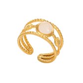 Ring - Rvs - goudkleurig – brede – drie rijen motief met maansteen – edelsteen - Verstelbare - Makkelijke voor mensen met moeilijke en artrose vingers