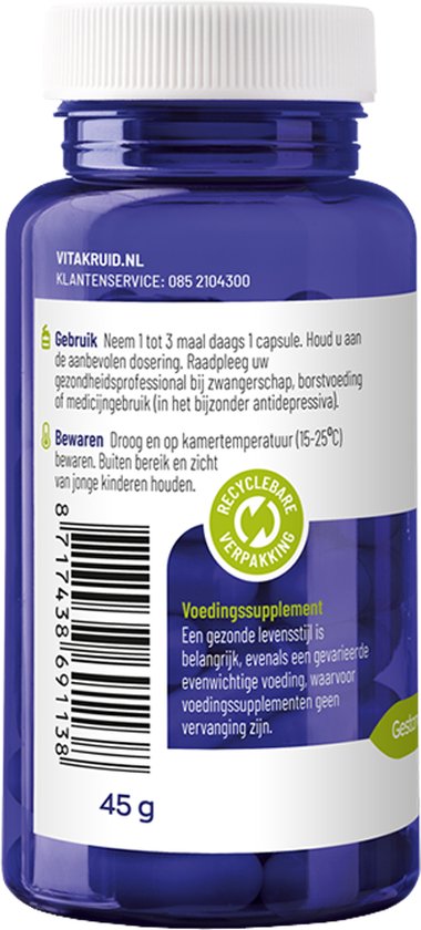 Blauwe pot met witte dop en etiket met gebruiksaanwijzing en ingrediënten. Gewicht 45g.