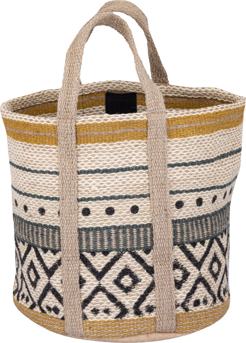 PTMD Reah Yellow jute round basket green lines S