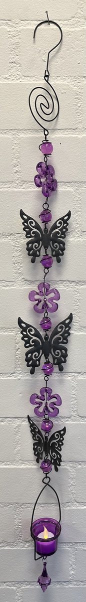 Deco theelichthouder "bloem + vlinders" met metalen ketting - zwarte ketting & paars glazen stenen - lengte 110 cm - exclusief theelicht - Woondecoratie - Theelichthouder - Woonaccessoires